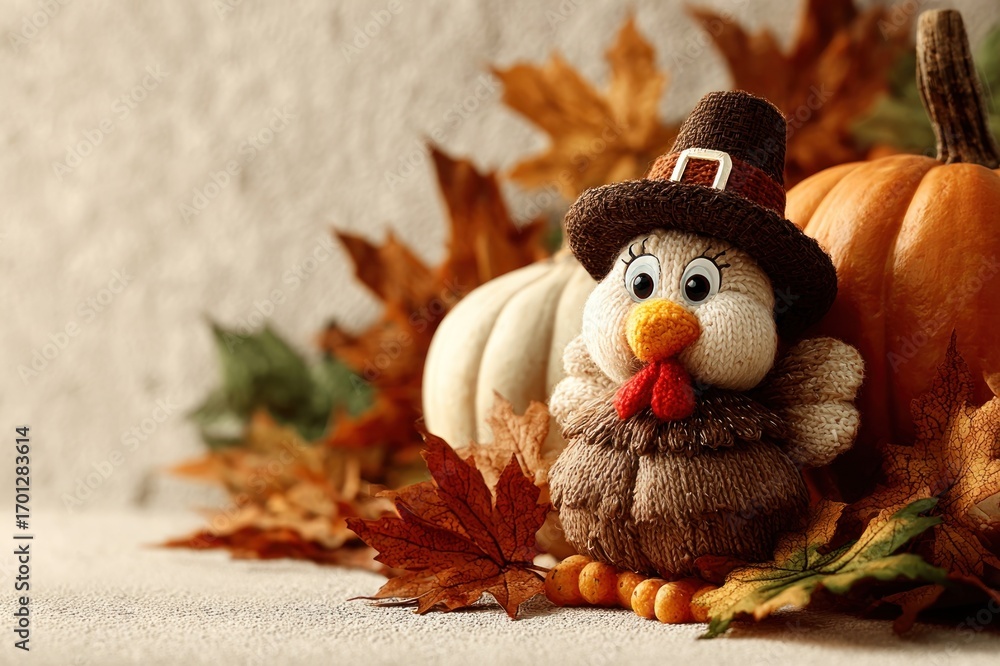 Fototapeta premium Cartoon turkey in a hat peeking out from behind a pumpkin and fall leaves, space for Thanksgiving greeting