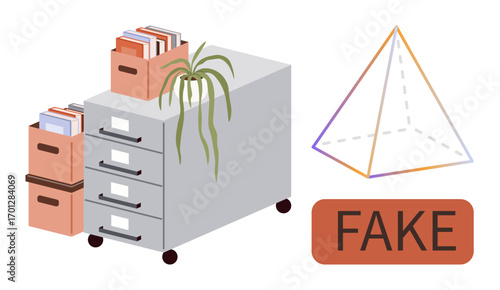 Office filing cabinet topped with stackable document boxes and a potted plant, adjacent to a geometric pyramid outline and FAKE label. Ideal for organization, documentation, workspace
