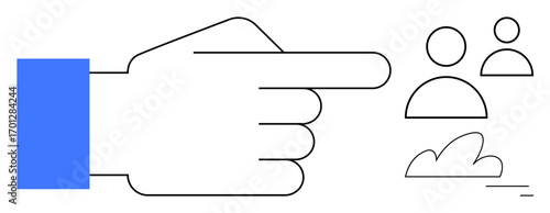 Blue-sleeved hand pointing toward minimal user icons and abstract shapes. Ideal for teamwork, navigation, guidance, selection, leadership, decision-making, simple landing page