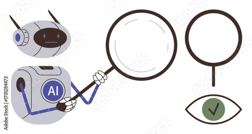 Robot labeled AI holding a magnifying glass inspects objects beside an eye and checkmark. Ideal for technology, analysis, verification, artificial intelligence, problem-solving, research, accuracy