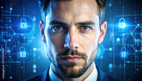 Man face beard blue eyes cybersecurity digital technology lock security data close up serious male portrait network protection internet concept software firewall access identity privacy