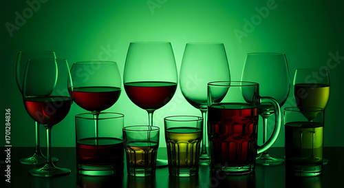 Elegant wine and beer glasses filled with vibrant drinks create a festive mood, perfect for celebrations