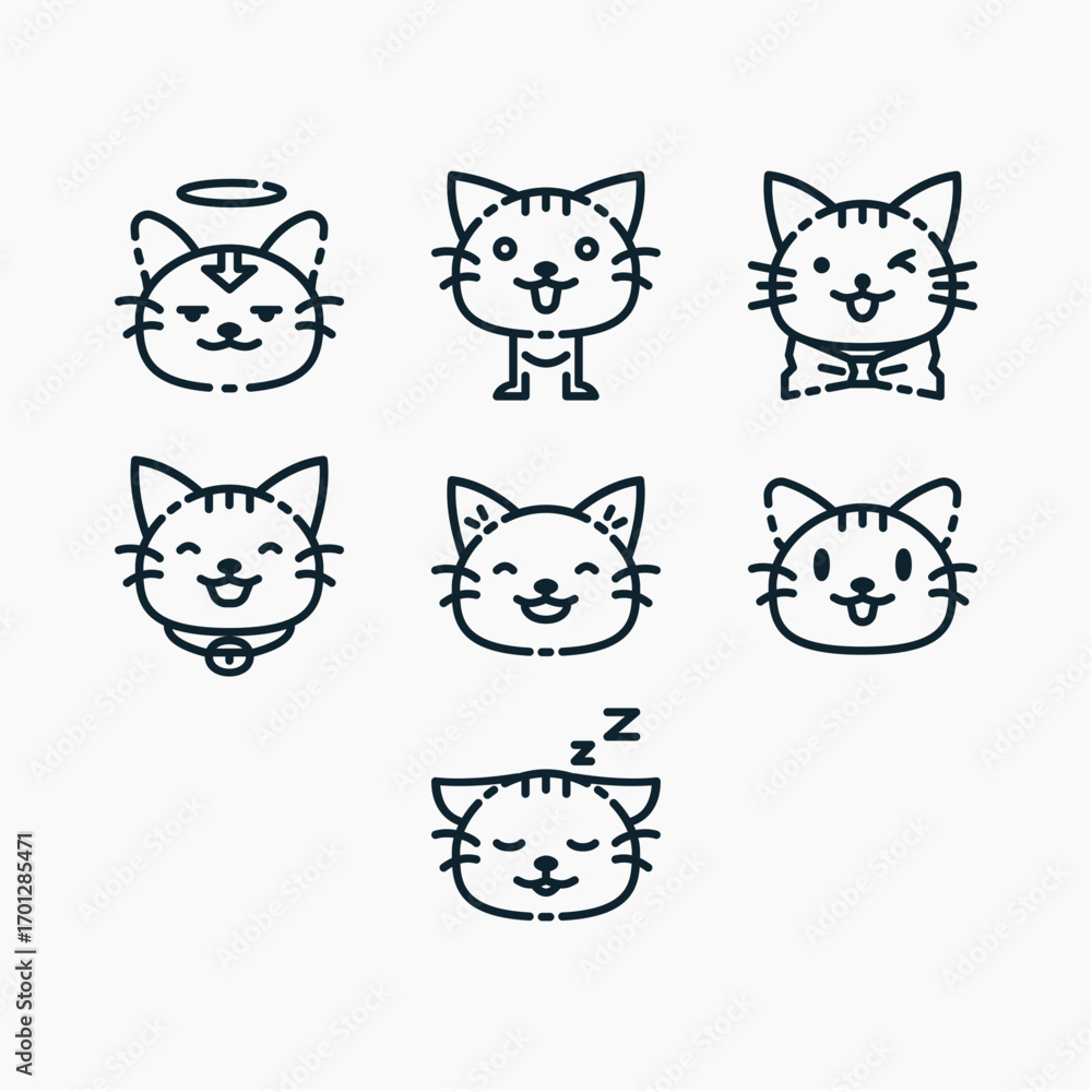 Fototapeta Cute Cat Icons Set in minimal line style. Perfect for stickers, apps, websites, or pet related designs. Editable illustration with clean outlines and multiple adorable cat expressions.
