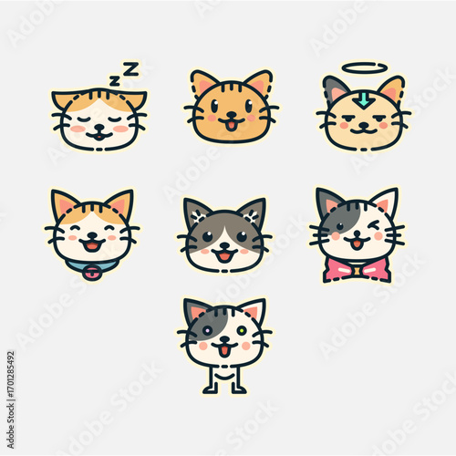 Colorful Cat Icons Set in cute cartoon style. Perfect for stickers, apps, websites, or pet projects. Editable illustration with bright colors and various adorable cat expressions.