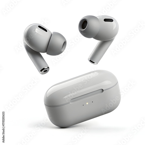Gray wireless earphones float mid-air in a minimalist setting, showcasing modern design, simplicity