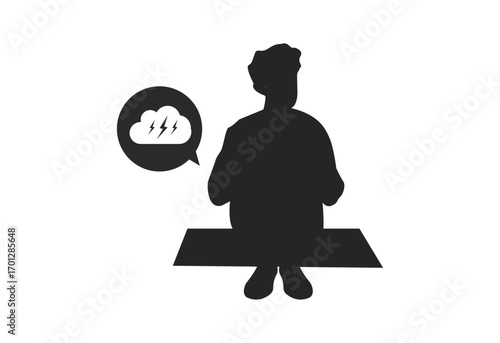 Silhouette vector Young male character sitting on the floor holding knees, with scribbled cartoon cloud above head, representing depression, mental health issues, stress, anxiety, sadness, frustration