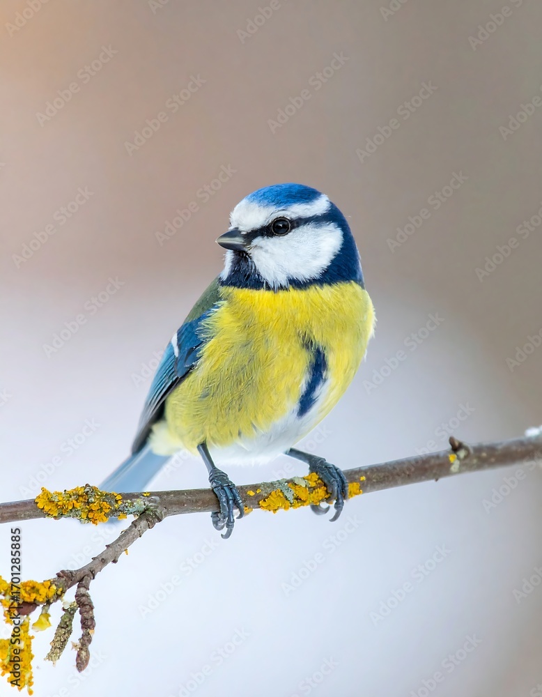 Obraz premium A close-up of a vibrant blue tit perched on a branch, showcasing its striking yellow underparts and blue crown against a soft, muted backdrop.