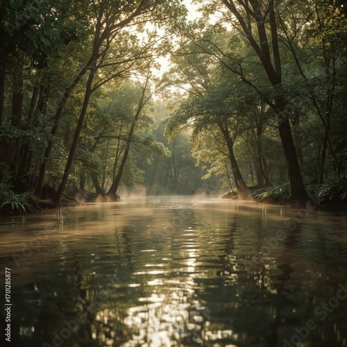 Serene sunrise over a river in a forest 2