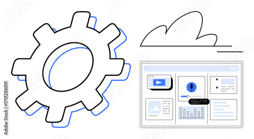 Gear wheel beside a cloud and web interface showing charts, media, and alerts. Ideal for technology, cloud computing, automation, optimization, process management, software development simple flat