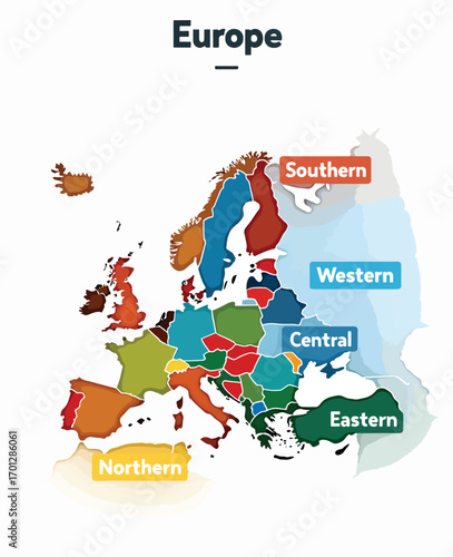 Region of europe a labeled map vividly divides the continent into distinct informative regions for easy reference.
