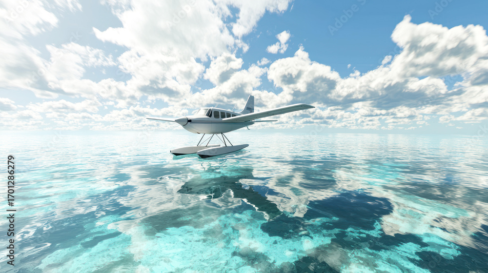 Naklejka premium A digital illustration of an airplane gliding peacefully above an ocean with calm, transparent waters reflecting the sky.