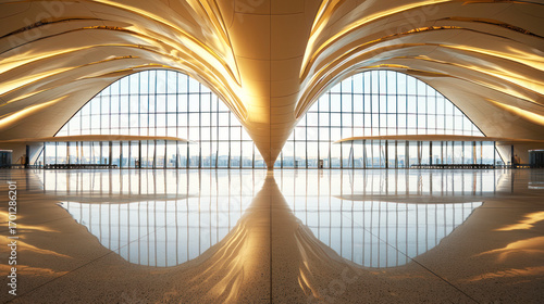 A brightly lit airport terminal with modern architecture and large windows.