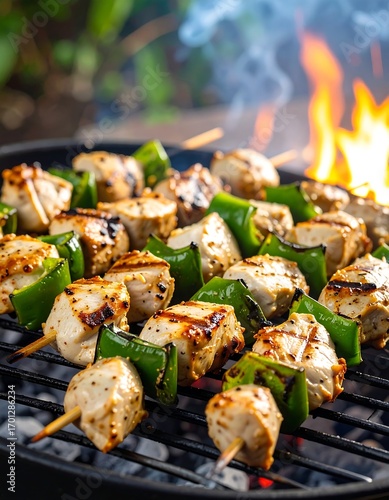 Grilled chicken and pepper skewers on a barbecue
