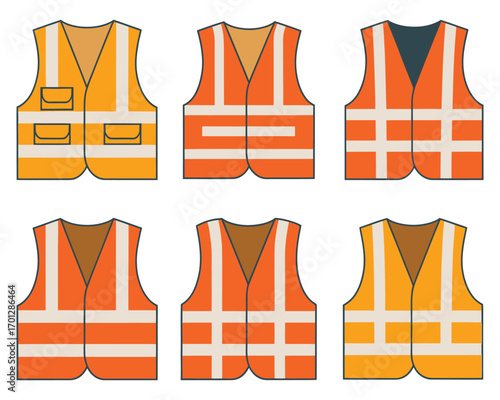 Collection of six different safety vests, illustrating various designs for high-visibility workwear and personal protective equipment