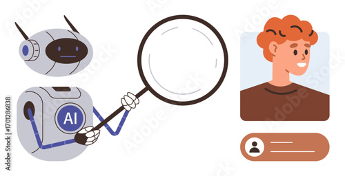 AI robot holding magnifying glass examining user profile, representing data analysis, user identification, and technology. Ideal for privacy, technology, analytics, personalization, AI