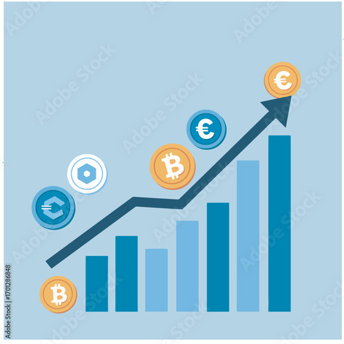 Conceptual illustration of cryptocurrency investment growth, with a rising stock market bar chart and various virtual money icons