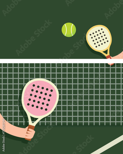 Playing Padel Sport, Rackets and Ball Over the Net