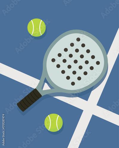 Padel Tennis Court with Racket and Tennis Balls on the Blue Court