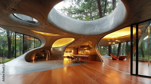 Wallpaper Mural Modern home with organic curves, open to the forest with large windows. Interior with wood flooring and warm lighting Torontodigital.ca