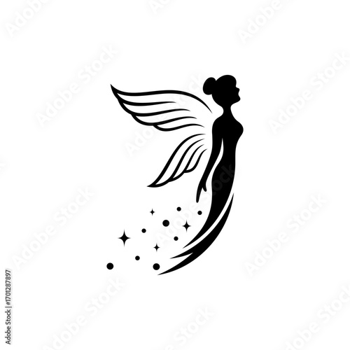 Beautiful fairy flying silhouette vector illustration logo with sparkling stars effect