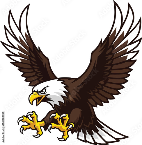 A powerful bald eagle mascot with its wings spread and talons extended, ready to strike. This dynamic and aggressive illustration represents strength, freedom, and precision.
