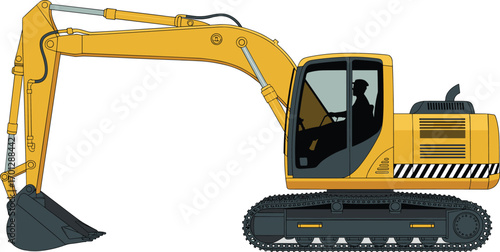 Yellow hydraulic excavator, construction machinery, heavy equipment, digging bucket arm, tracked vehicle, building site, earthmoving machine, industrial work, flat vector illustration