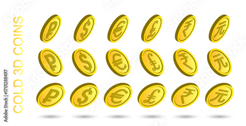 Vector set of 3d gold coins. World currencies symbols. Collection of golden tokens, chips or jetons. Money volumetric icons. Currency modern states. Ruble, dollar, euro, pound, rupee, yuan. Isolated