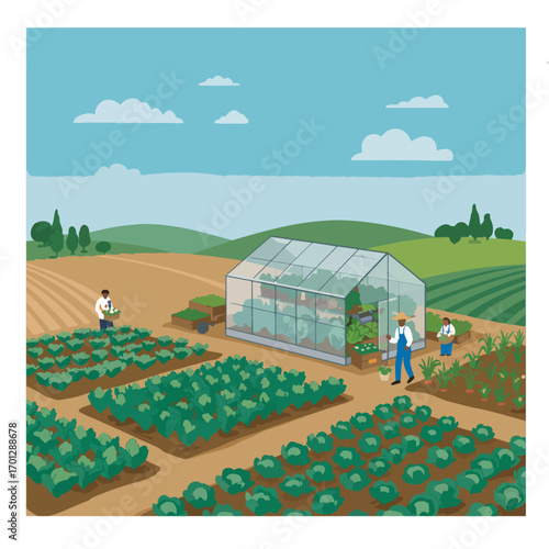 Sustainable agriculture concept with farmers cultivating organic vegetables in a field with a modern greenhouse under a blue sky