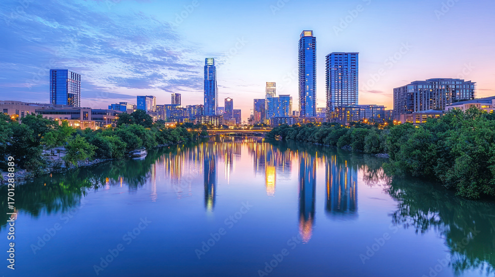 Obraz premium City skyline at dusk, with skyscrapers lit up and a calm river reflecting the lights.