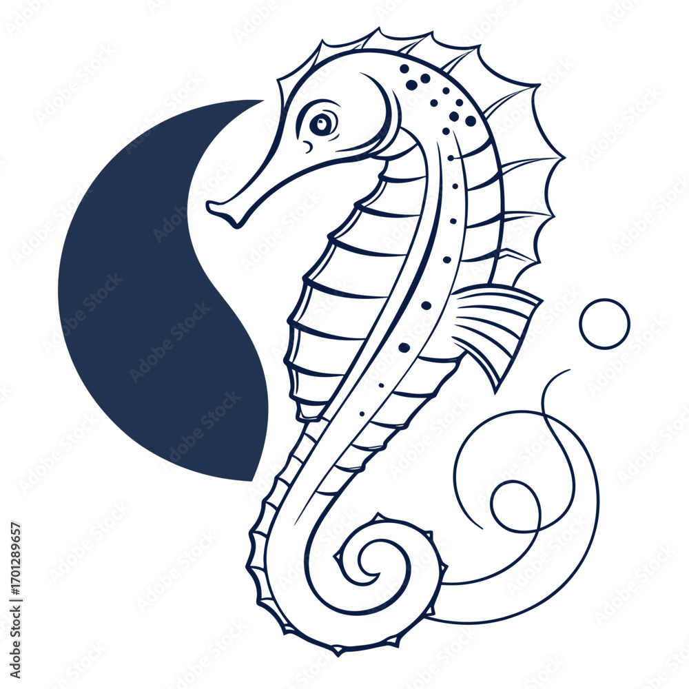 Fototapeta premium Stylized dark blue seahorse illustration with swirling lines and abstract shapes on a white background