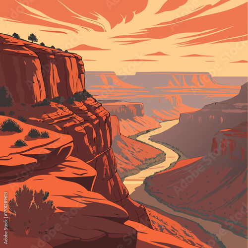 Vibrant orange and red canyon landscape with a winding river below and dramatic clouds in the sky