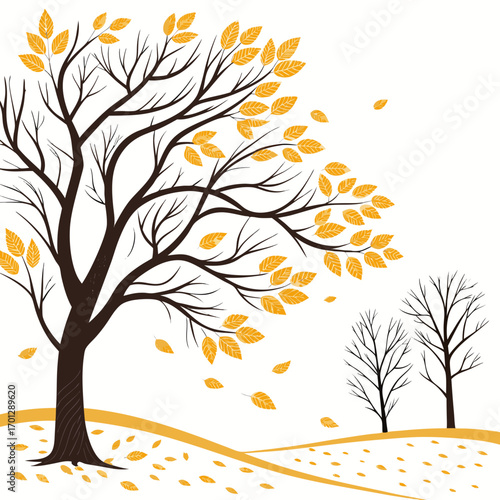Stylized autumn tree with falling golden leaves against a white background and bare trees in the distance