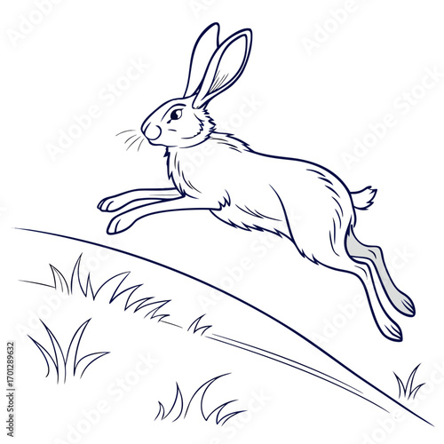 A stylized outline drawing of a hare leaping gracefully across a grassy hillside in motion