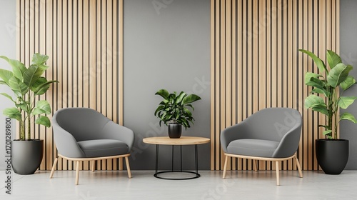 Modern waiting area with two gray armchairs, small table, potted plants, and wood panel backdrop