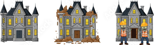 Cartoon haunted houses with zombies, coffins, green slime, chandeliers, spooky Halloween vector set, creepy buildings, horror clipart collection.
