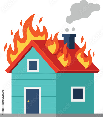Cartoon house on fire illustration, burning home with flames and smoke, emergency fire vector, residential building disaster clipart