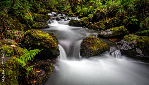 Moss covered rock stream forest water flow nature landscape green fern smooth motion tranquil peaceful environment