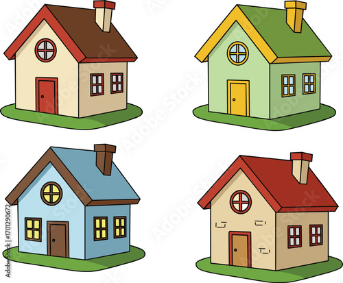 Colorful cartoon houses vector set, cute home illustrations, suburban small house collection, children’s book clipart, cozy architectural drawings