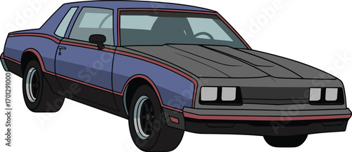 Retro classic coupe car, vintage two door vehicle, boxy 1980s design, muted blue body, black hood, red trim accents, collectible style
