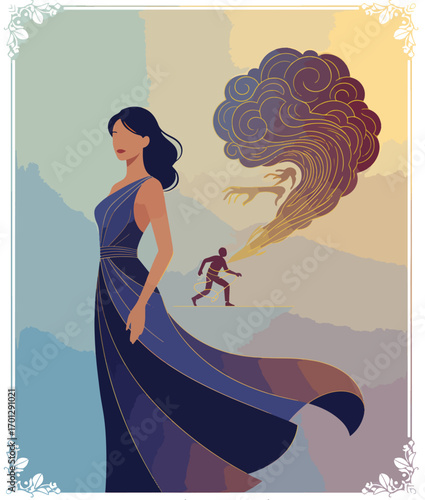 Woman a tree and a person in pursuit.
