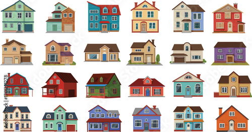 Collection of colorful cartoon houses, residential architecture illustrations, suburban home exteriors, real estate icons, vector property, neighborhood design clipart