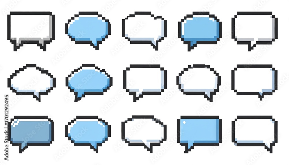 Obraz premium A collection of diverse pixelated speech bubbles in various shapes and shades of light blue and gray, set against a clean white background.