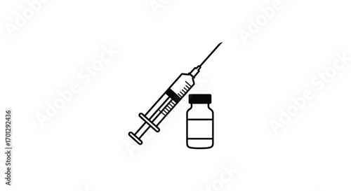 medical syringe and vial depicted in simple silhouette