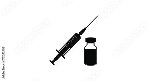 medical syringe and vial depicted in black silhouette