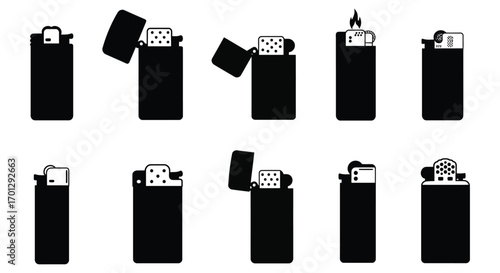 various lighter designs shown in black and white silhouette
