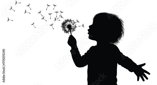 child blowing dandelion seeds creating whimsical scene silhouette