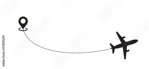 Airplane Flight Path from Destination, Travel Route with Location Marker Icon
