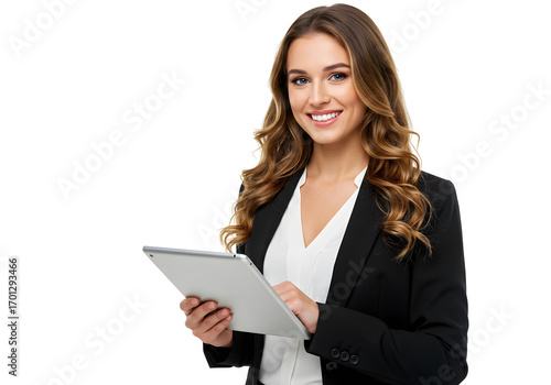 Young professional woman in a black blazer holding a tablet and smiling