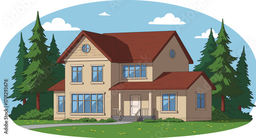 Countryside house illustration with trees, suburban home exterior, residential building with front porch, nature background, rural house vector