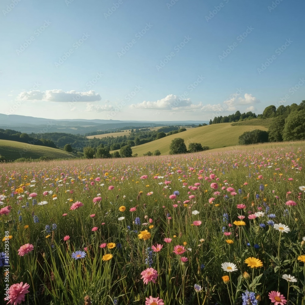 Fototapeta premium Summer flower field panorama